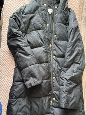 J. Crew Black Long Quilted Puffer Coat with Gold Hardware